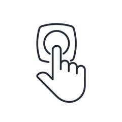 Hand pressed  button. Activation, start or launch, symbol, human arm pushing. Vector linear icon isolated on white background.