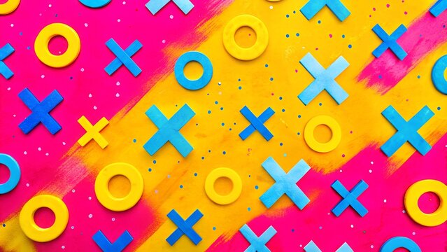 Colorful playfully arranged Xs and Os pattern on a vibrant pink and yellow background