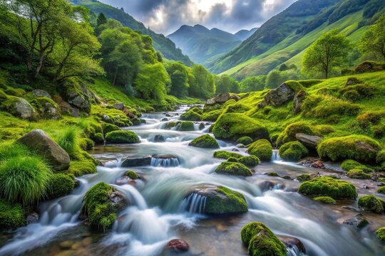 Silhouette water stream flowing through lush green mossy mountains landscape
