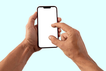 Male hands holding a red smartphone, zoom in or out gesture, on cyan background blanc screen mockup