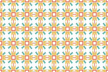 Seamless ikat fabric pattern design, geometric shapes on a light green background