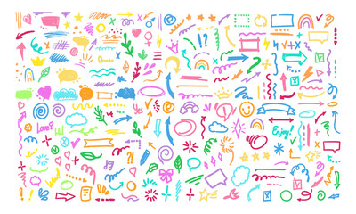 Hand-drawn pencil color brush elements, brush with crayon effect, chalk texture. Vector illustration in children's style. Crayon brush colored scribble, square, spiral, arrow.