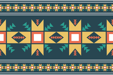 Seamless ikat fabric pattern design, geometric shapes on a green background