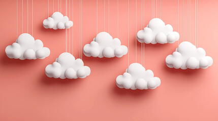 3D white cloud shapes hanging on strings against a coral pink background in a minimalist artistic design pattern.