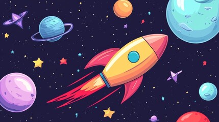 Wallpaper with space with colorful planets. A futuristic landscape. The spaceship. hand-drawn. picture is drawn with colored pencils. Background for postcard or invitation. Backdrop with copy space.
