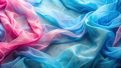 Obraz premium Silk organza fabric background in blue and pink hues reflected in a mirror