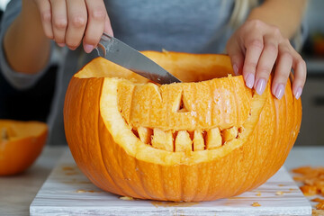 Generative AI photo of funny halloween pumpkins outdoors horror autumn night decor