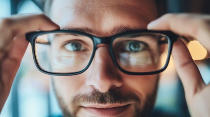 Fototapeta premium Close-up of a man's face wearing glasses, focusing on his eyes, reflecting determination and clarity, with a blurred background.