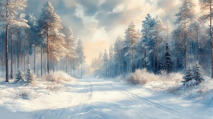 Fototapeta premium watercolor illustration depicting a tranquil winter forest landscape where soft snow blankets the ground and delicate trees are adorned with frost capturing the serene beauty of the season