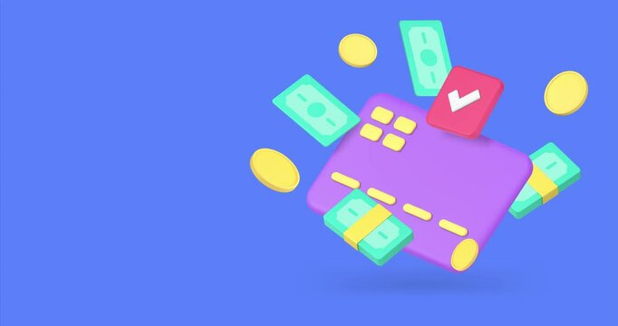 Send cash money dollar to credit debit card approved transaction copy space 3d icon animation. Financial banking transfer currency digital exchange electronic service