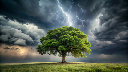 A strong, tall tree standing in the middle of a storm, with winds and rain all around but the tree remains firm