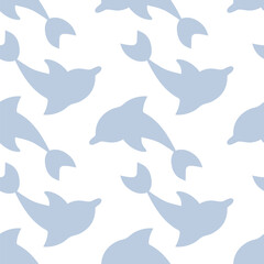 Dolphin emerges from water. Reflection. Blue sea mammal. Repeating vector pattern. Seamless ornament of sea mammals. Isolated colorless background. Flat style. Ocean inhabitant with fins and tail. 