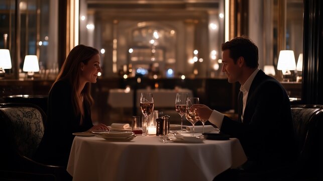 A couple enjoys an intimate dinner at a fine dining restaurant with elegant decor and soft lighting in the evening