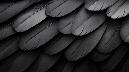 Fototapeta premium A close-up shot of overlapping black bird feathers, showcasing their smooth texture and intricate patterns.