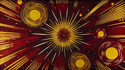 Abstract cosmic background with bright bursts and circles in red and yellow colors