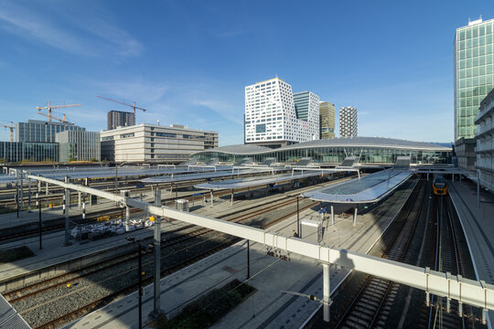 Central Station Utrecht cityscape with towers: City Hall, De SYP and Central Park Utrecht. Utrecht in the Netherlands. 2 January 2023.