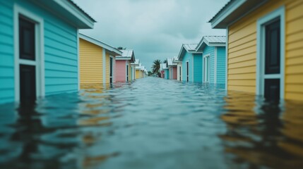 Colorful houses partially submerged in floodwaters, reflecting climate change impacts.
