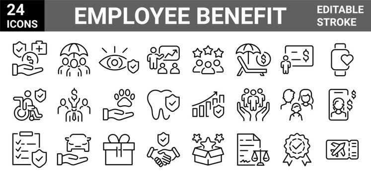 Employee benefit web line icons. Included icons as teamwork, insurance, paid Vacation, pension, social Security. Vector illustration. editable stroke