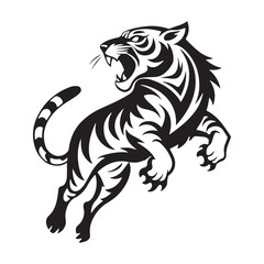 Fierce Roaring Tiger Vector Illustration - Black and White Wild Animal Design for Logos and Art