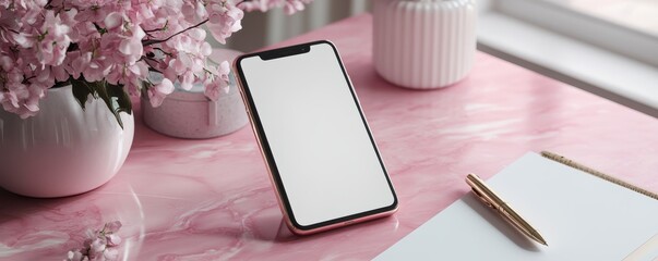 Mockup of a blank iPhone screen on a pink marble desk with flowers and stationery