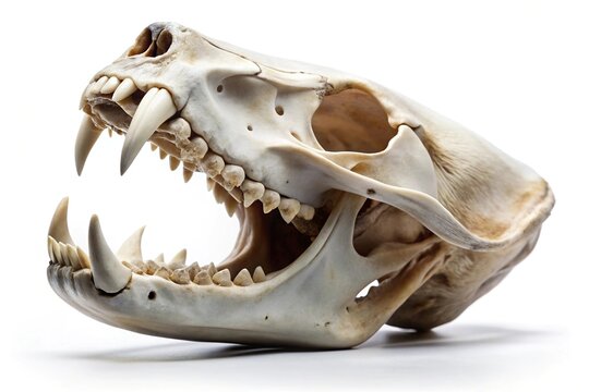 Skull of grey wolf isolated on a white background with opened mouth, sharp isolation by pen tool, full depth focus, and forced perspective