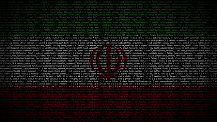 Binary code on flag of Iran. Program source code or Hacker concept on Iranian flag. Iran digital technology security, hacking or programming