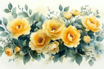 Obraz premium watercolorstyle bouquet illustration featuring soft yellow and green tones peonies mixed with delicate leaves and branches creating a gentle artistic floral display against a white background
