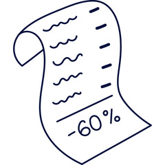 Cute doodle discount receipt showcasing a percentage. Hand drawn check for shopping with big sale isolated on white background. Black Friday, savings and price off concept. Flat clipart of bill.
