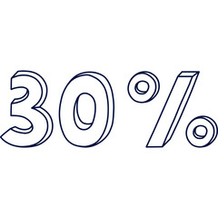 Cute hand drawn three-dimensional lettering of 30 percent sale. 3d outline letters for big discount for business, offline store, internet sale isolated on background. Minus thirty percent price off.