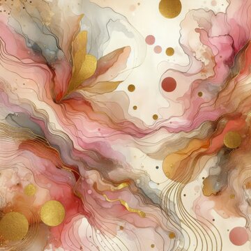 Abstract watercolor background with golden circles and lines. 