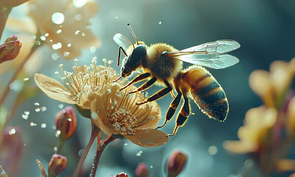 Slowmotion shot of a bee collecting pollen from a flower