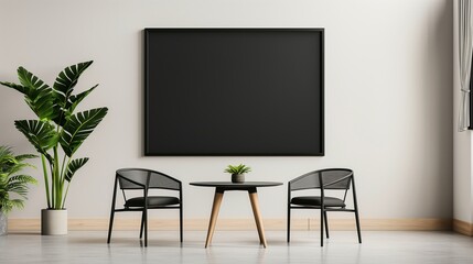 Mockup blackboard hanging in office hall. Black chalkboard over coffee table with chairs template advertising image. Commercial company infoboard mock up product photorealistic