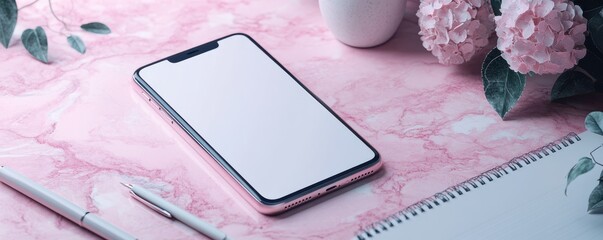 Mockup of a blank iPhone screen on a pink marble surface with flowers, notepad, and pen creating a soft, creative workspace atmosphere.