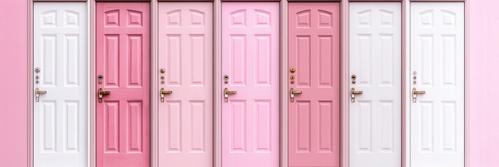 Fototapeta premium Array of pastel pink and white doors with multiple locks - security and privacy concept