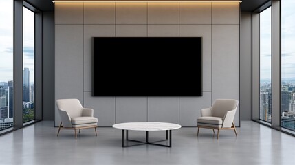 Large chalkboard over chairs and low table mockup. Corporate setting information board template advertising image. Blackboard mock up in office interior product photorealistic