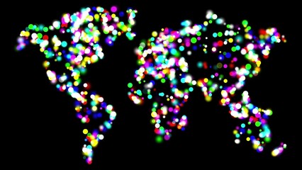Beautiful illustration of world map with colorful bokeh lights on plain black background