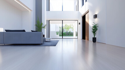 A modern minimal living room with a monochrome palette, stylish grey accents, and open space with natural light