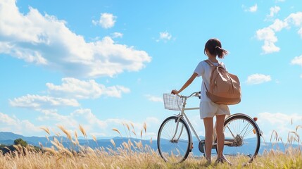 Fototapeta premium A young woman stands beside her bicycle in a grassy field under a bright blue sky, enjoying a serene moment in nature during the day