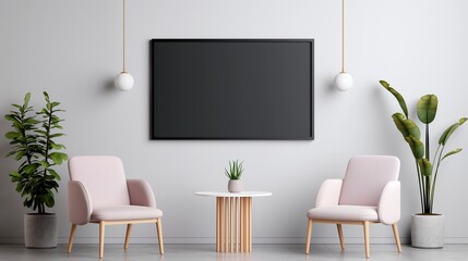 Office hall arrangement with blackboard mockup. Empty screen hanging in waiting hall template advertising image. Corporate place to rest with chalkboard mock up product photorealistic