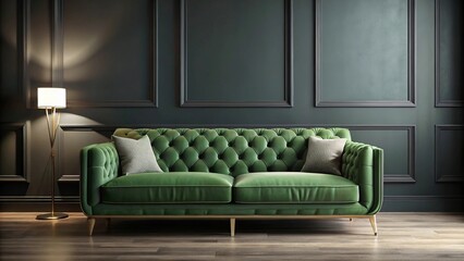Sleek contemporary green sofa against dark wall with depth of field