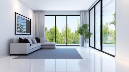 A stylish minimal living room featuring matte finishes, monochrome palette, and natural light through large windows 