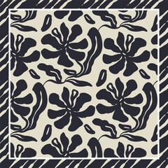 Monochrome black and white brush strokes inky flowers scarf or bandana design. Abstract floral contemporary background.