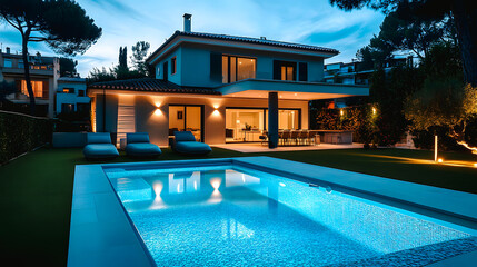 Villa avec piscine en soirée