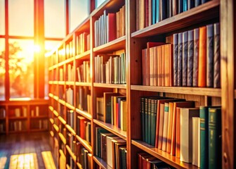 Vintage Library with Sunlit Wooden Shelves and Soft Shadows