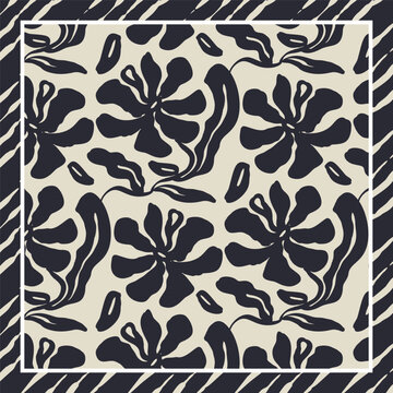 Monochrome black and white brush strokes inky flowers scarf or bandana design. Abstract floral contemporary background.