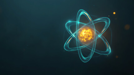 A vibrant representation of an atom with glowing electrons orbiting around a luminous nucleus, symbolizing atomic structure and energy.