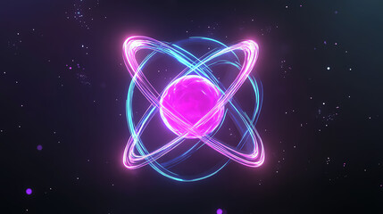 An artistic representation of an atom with vibrant pink and blue electron orbits against a dark, cosmic background, symbolizing energy and the essence of matter.