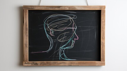 Fototapeta premium Human head drawn with multicolor chalks on blackboard image. Abstract handdrawn picture in wooden frame photography scene wallpaper. Psychology concept photorealistic photo