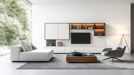 Contemporary minimalist living room in white and grey tones, featuring streamlined storage and comfortable modern furniture