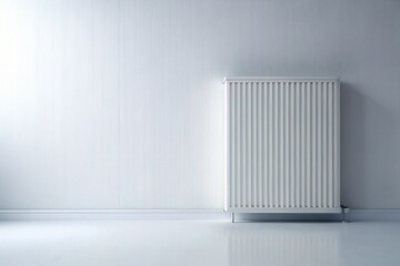 Sleek white radiator emitting soft frosty aura against pristine white backdrop